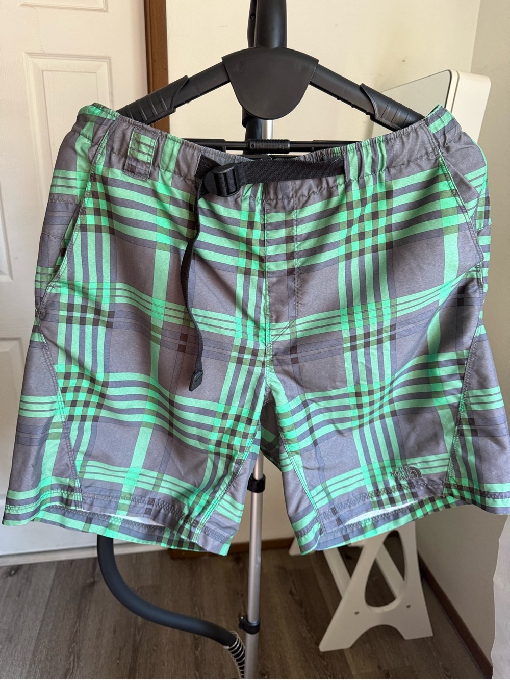 The North Face Green & Gray Plaid Shorts with Embroidered Logo